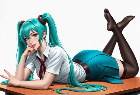 1girl, solo, by j.k:0.6, by hoshi san 3:0.1, artist:Sakimichan:0.2, artist:Sciamano240:0.3, 1girl, miku_es, aqua hair, aqua eyes, twintails, white collared shirt, narrow thighs, barefoot, leaning on arm, ((white background:1.2, simple background)), red neckerchief, blue skirt, belt,  on table, black thighhighs, lying sideways, :p, wink, v sign, backlight, blurry background, from behind, dynamic angle,depth of field,  cinematic,(masterpiece, best quality), safe, amazing quality, very aesthetic, absurdres, highres, newest, <lora:Miku_ES_IL_v1:0.7>