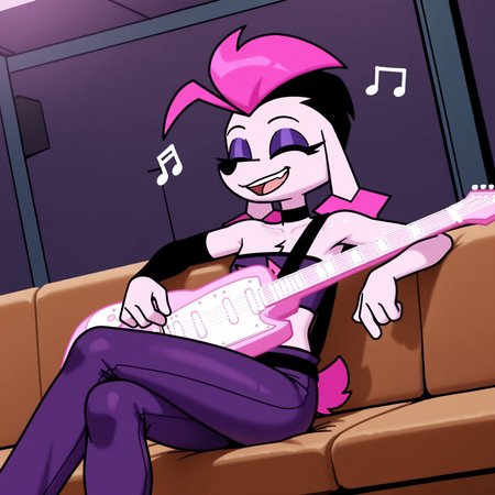 uncensored, masterpiece, best quality, highly detailed, realistic, 1girl, solo, FifiDS, female furry, anthro, canine, dog, poodle, pink hair, black hair, two tone hair, purple eyeshadow, black eyebrows, thin eyebrows, floppy ears, eyes closed, black nose, light-pink skin, flat chested, purple topwear, strapless top, purple pants, black choker, black armwarmer, feet out of frame, smile, open mouth, teeth, sitting, backstage, indoors, arm rest, (front view), detailed background, three-quarter portrait, (4 fingers, crossed legs), brown couch, pink tail, short tail, dutch angle, electric guitar, guitar pick, playing guitar, music notes, guitar in hand