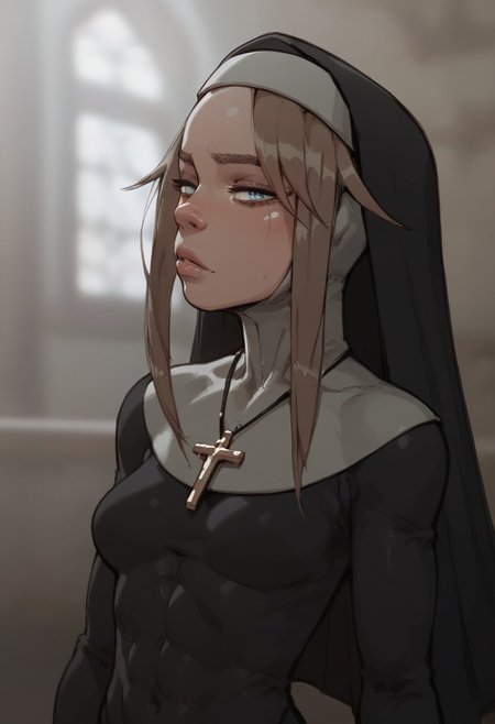 score_9, score_8_up, score_7_up,toned body,perky breasts,shiny skin,elegant woman,perky breasts,Gardie, brown hair, blue eyes, habit, nun , nun dress, cross necklace,in a church