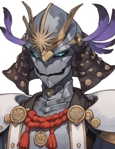 score_9, score_8_up, score_7_up, masterpiece, young boy, v-shaped eyebrows, 
<lora:FSR:1>, fsr,  solo,simple background,1boy,white background,upper body,male focus,armor,no humans,mask,helmet,feathers,rope,japanese armor,kabuto (helmet)