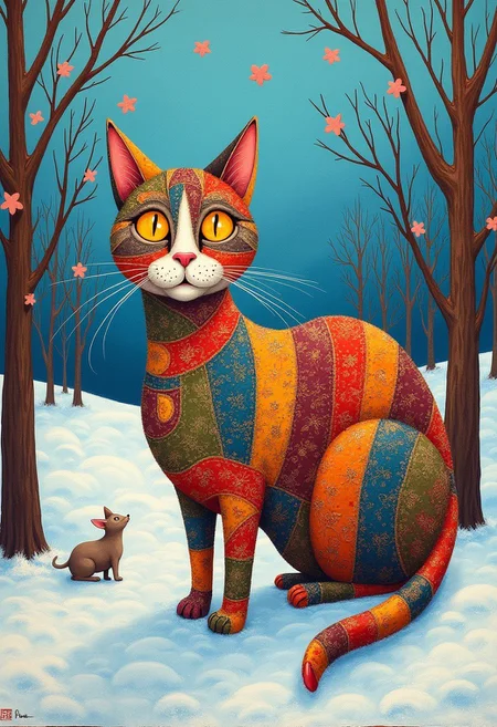 valentin gubarev style, cat, winter, snow, primitivism, naive art, graphics, patchwork, collage, colored pencils, ink rendering, colorful, hyper-detailed, intricate details, masterpiece, realistic, professional photo