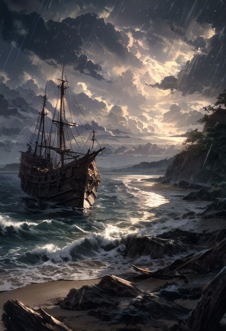 detailed background,( stormy fall night evening landscape), A cold foggy shore, beautiful view, bits of shipwrecks half buried in the sand, light rain, late afternoon, cloudy sky, beautiful clouds, outdoor seating,  the sea in the distance in rough, fantasy, old ship on a sea, depth of field, masterpiece, best quality, ultra-detailed, very aesthetic, illustration, perfect composition, intricate details, absurdres, moody lighting, wisps of light, no humans,