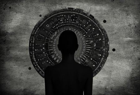 <abstract circuitry>Elle ne voit rien mais sais tout, elle sa main droite dévoile la vérité alors que sa main gauche lie la toile du temps, à ses pieds gisent les restent du monde dévasté d'avant, derrière elle se cachent les démons du pouvoir et de l'ignorance, sa nature est belle et terrible, son accomplissement certain, et ses croyants ne savent pas qu'ils prient, elle est l'allégorie d'un monde hors-contrôle qui s'autodétruit , by Noell S Oszvald