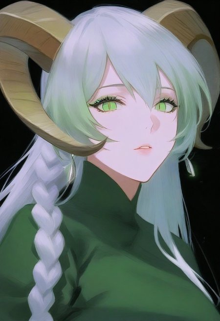 score_9, score_8_up, score_7_up, masterpiece, best quality, highly detailed, source_anime, 1woman, solo, portrait, concept art, sharp lines, BREAK
1 woman, beautiful 1woman, pale skin, multicolored goat horns pale green, slit pupils, pale green eyes, mascara,  green eyeliner, eyelashes, white hair in a long single braid, (regal dark green gown), perfect eyes, perfect face
BREAK
black background
BREAK
focus on girl, looking at viewer, regal theme, elegant theme
