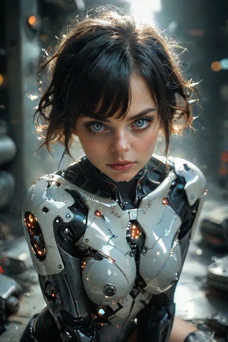 score 9, score 8 up, score 7 up, score 6 up, Expressiveh, 
beautiful busty cyborg, young, big grey eyes, straight black hair, short hair, straight bangs, straight bangs, flat bangs, big plump lips, red lipstick, long eyelashes, heavy dark makeup,  
standing on her knees, High Angle Shot, 
<lora:Expressive_H:1> , <lora:EnvyPonyPrettyEyes01:0.7>, <lora:LCM_LoRA_Weights_SDXL:1>, <lora:add_detail:0.5>