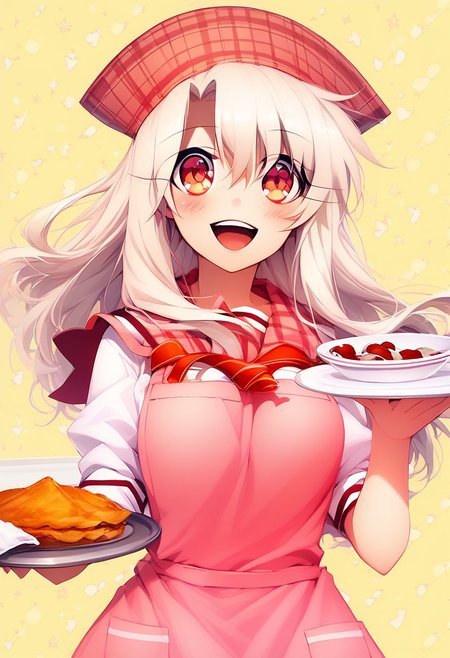 score_9, score_8_up, score_8, big breasts, cute, eyelashes,  curvy, 
zzIllya, red eyes, white hair,, :d, apron, blouse, blush, red eyes, hair between eyes, holding, holding plate, illyasviel von einzbern, long hair, open mouth, pink apron, plaid, plaid sailor collar, plate, red ribbon, ribbon, sailor collar, shirt, silver hair, smile, solo, upper body, white shirt