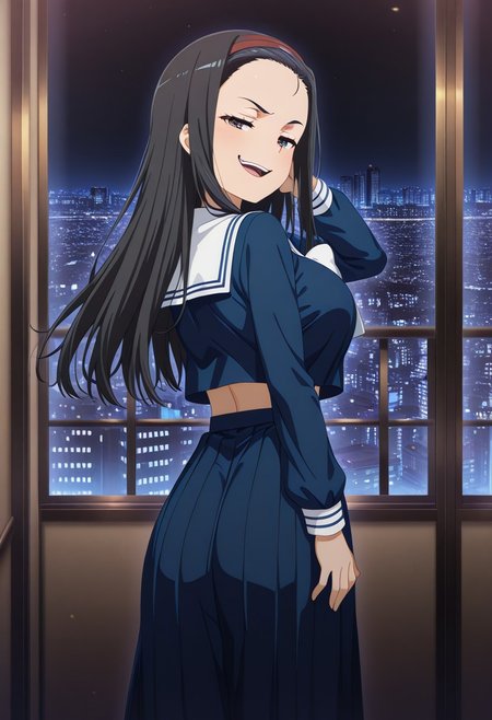 masterpiece,perfect quality,best quality,absolutely eye-catching,absurdres,highres,newest, anime coloring, anime screencap,(1girl), Kumokawa_Seria, long hair, black hair, forehead, large breasts, hairband, serafuku, blue shirt, long skirt, midriff, long sleeves, standing, hand to hair, looking at viewer, looking back, open mouth smile, teeth, smug , city, night, tokyo, skyline, ((from behind))