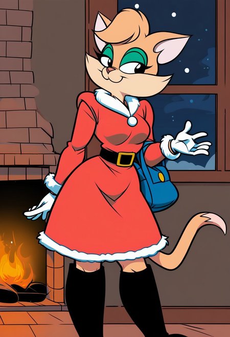 score_9, score_8_up, score_7_up, score_6_up, score_5_up, score_4_up, retro artstyle, BREAK 
Tabitha_Fantomcat,cat girl,short hair,1girl, red dress, furry female, dress, smile, furry, solo, christmas,black eyes, pink fur, night, fur trim, fire, fur-trimmed dress, animal ears, long sleeves, animal nose, window, breasts, boots, santa costume, standing, black footwear, fireplace, gloves, fur-trimmed sleeves,short hair, sky, star \(sky\), bag, alternate costume, looking to the side, closed mouth, night sky, belt, happy, santa dress, small breasts, indoors, medium breasts
<lora:tabitha-v1:1>