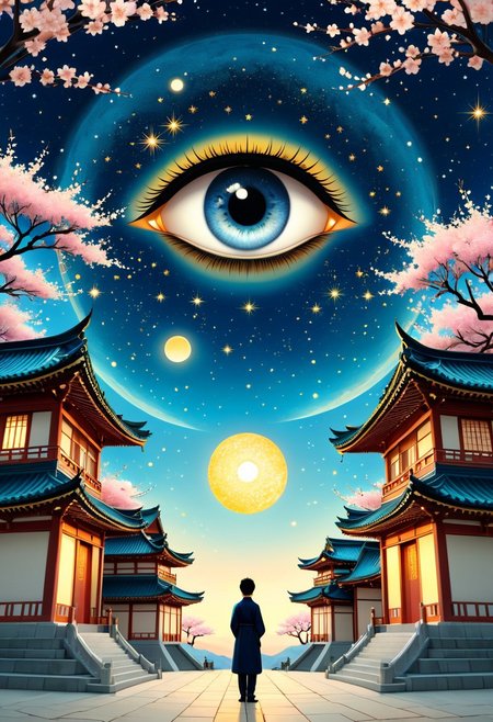 Manga A vast starry sky is filled with enormous, dreamlike eyes, watching over a small, abstracted human figure. Romanticized digital painting, East Asian aesthetics, golden lighting, intricate textures, symmetrical composition, circular vignette, serene atmosphere, traditional architecture, cherry blossoms, fantasy elements, fine-art style, symbolic imagery, soft color palette, elegant mood.