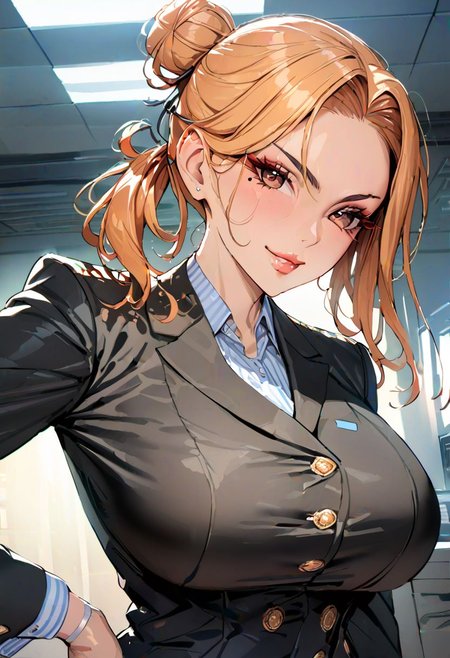 (masterpiece)), ((best quality)), (ultra-detailed), HDR, shapes, beautiful face, looking at viewer, solo, close-up, seductive smile, 1girl, ,(mature female, older,), milf, motherly, wide hips, curvy, lips, upper body, solo, office lady, armpits, sway hips, loba_(apex_legends), orange hair, brown eyes, single hair bun, folded ponytail, sidelocks, mole under eye, blazer, office uniform,