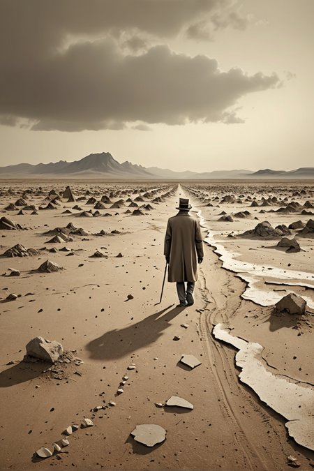 (absurd caricature), A solitary figure, wandering through a desolate landscape.
