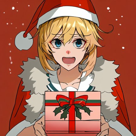 1girl, failure penguin, janus (kancolle), by kodoto, blonde hair, blue eyes, fur-trimmed headwear, fur trim, gift, hat, holding, looking at viewer, open mouth, red headwear, sailor collar, santa hat, short hair, solo, upper body, white sailor collar,