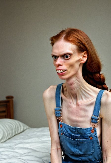 full body photo of ((Helga:1.2)) very ugly, detailed acne, red hair, shirtless overall, braided hair, sitting on bed, scene is bedroom, (sultry flirty look), ((gorgeous symmetrical face)), cute natural makeup, realistic, concept art, elegant, highly detailed, intricate, sharp focus, depth of field, f/1. 8, 85mm, medium shot, mid shot, (((professionally color graded))), sharp focus, bright soft diffused light, (volumetric fog),