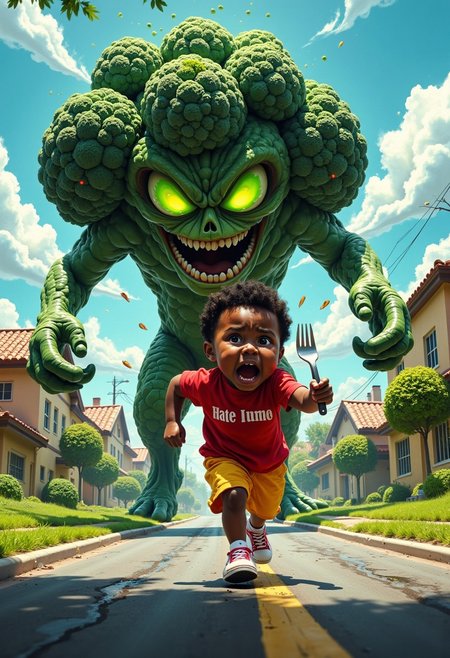 A massive, hyper-detailed broccoli monster, its textured green florets towering above, looms menacingly over the scene. The monster’s green glowing, piercing eyes radiate fury, its skull-like face twisted in a fierce expression. In one hand, it clutches a gleaming silver fork, sharp and ready. It runs and chases
In front of it, a chubby, fat, terrified black-skin boy, sprints for his life. His mouth hangs wide open, a scream frozen on his face, while rosy cheeks, tear-streaked eyes, and flailing arms emphasize his panic. He wears a bright red T-shirt on the shirt is the text:”Hate broccoli”, yellow sports shorts, and a pair of white-and-red sneakers, their laces trailing loosely as he stumbles across a cartoonishly detailed, slightly cracked asphalt road.  (((Tears flying from the eyes of the boy.)))
The setting is a surreal suburban street, with vivid green lawns and pastel-colored houses in the background, their cheerful atmosphere contrasting hilariously with the chaos. The image captures motion and emotion—the monster’s outstretched clawed feet, the boy’s frantic stride, and even spittle flying from his open mouth. The overall tone is funny, absurd, and highly detailed, with rich, vibrant colors and realistic textures that bring the whimsical terror to life.