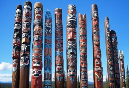 a photograph from the ground, pointing up of  beautifully decorated, intricately carved, beautifully painted, wooden totem poles, native American art, with various totem animals, hares, bears, eagles, and other native american animals, stands on a beautiful natural background with land, water, sky and nature present, a realistic, breathtaking tall, wooden totem, nature, natural, absurdres, breathtaking, OverallDetailX, pop Tlingit totem pole, Archi Sculpture Photography