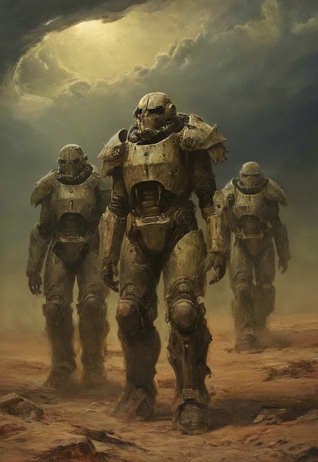 Four soldiers in power armor travelers in the post-apocalyptic desert,fallout universe,alienscape,glossy armor,intricate design,corrupted neverland,dramatic sky, dust,wind, bleak,glow,flickering, dark art, dim light, somber, dramatic, high quality, detailed,science fiction,distopia,horror theme,futuristic, technology,atompunk,dramatic,thrilling,decay,best quality,masterpiece,dynamic composition,color contrast,primary colors,no gradients,close-up
