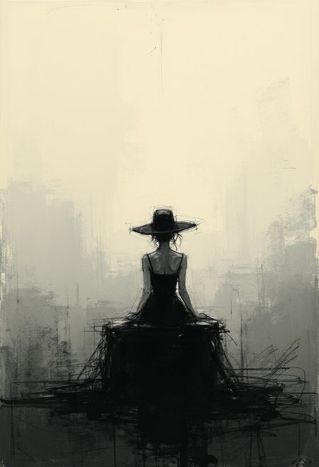 Embrace a captivating fusion of Impressionism and Minimalism in this simplistic yet emotionally charged painting depicting a secretive witch seated alone amidst an abstract landscape. The focus lies primarily on her slender silhouette, accentuated by linear shapes and clear lines that create a sense of calm elegance. Gently curving edges give way to reduction and uniformity of form, highlighting her essence while reducing extraneous detail.  The color palette revolves around muted yet rich hues that capture the essence of dusk or dawn, emphasizing the mysterious ambiance that surrounds her. Soft illumination envelopes the scene, creating a mood of solitude and introspection. Impressionistic brushstrokes add subtle texture and movement to the scene, encapsulating the spirit of both art movements in a harmonious blend.  This minimalist portrayal transcends traditional expectations of painting style, challenging the viewer to appreciate simplicity and the power of suggestion in capturing the depth of emotion and story within each line and curve. ,<lora:flux/fav/ck-charcoal-drawing-000014.safetensors:1.0:1.0>
