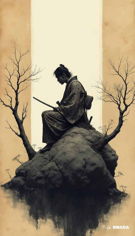The photograph depicts an intriguing scene, blending traditional Japanese aesthetics with modern digital artistry. The subject appears to be sitting on a rock, their body slightly hunched as if in contemplation or meditation. The rock itself is depicted in black ink, its surface rough and textured, giving it a sense of depth and character.  The person's attire is particularly striking, featuring traditional Japanese elements such as the kimono and the sword. The kimono is adorned with intricate patterns that are both familiar and unfamiliar, reflecting the fusion of old and new. The sword, which is held in the right hand, adds an element of power and strength to the composition.  The rock's surroundings are equally intriguing. The beige-colored paper on either side of the person provides a backdrop that complements the traditional Japanese elements, while also adding a sense of depth and dimensionality. The rough texture of the paper adds another layer of realism, making the image feel more tangible than just a digital illustration.  The overall mood of the photograph is peaceful and serene, evoking feelings of tranquility and contemplation. The simplicity of the composition allows for the viewer to focus on the subject's pose and the intricate details of their attire. The use of black ink in the rock adds an element of mystery and depth, while the bare trees on either side provide a sense of natural beauty.  In conclusion, this amateur photo is not only realistic but also provokes emotions, leaving viewers with a sense of peace and tranquility. The combination of traditional Japanese elements with modern digital artistry creates a unique and captivating image that is sure to leave a lasting impression.
