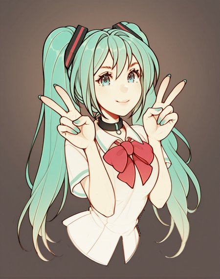 <lora:_oxcoxa_NAIXL-000015:1.1> art by oxcoxa, artist:oxcoxa, score_9, score_8_up, score_7_up, best quality, masterpiece, uncensored, Hatsune Miku with long twintails green hair and big blue eyes wearing a white school shirt. The girl is posing for the camera with her hands up in a peace sign. She has a red bowtie on her collar and her eyes are fixed on the viewer. The background of the image is simple with a beige color and three stars of different colors floating around the edges of the image.