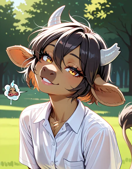 masterpiece, best quality, very aesthetic, absurdres,
outdoors, 
headshot, head tilt, 
button up shirt,
seductive smile, parted lips, long eyelashes,
<lora:Manitka_Storm_v01_NAIXL:1>
Man1tkaStorm,1gilr,solo,furry,furry female,cow girl,cow ears,cow horns,short hair,black hair,hair between eyes,brown hair,body fur,brown fur,cow tail,hooves,