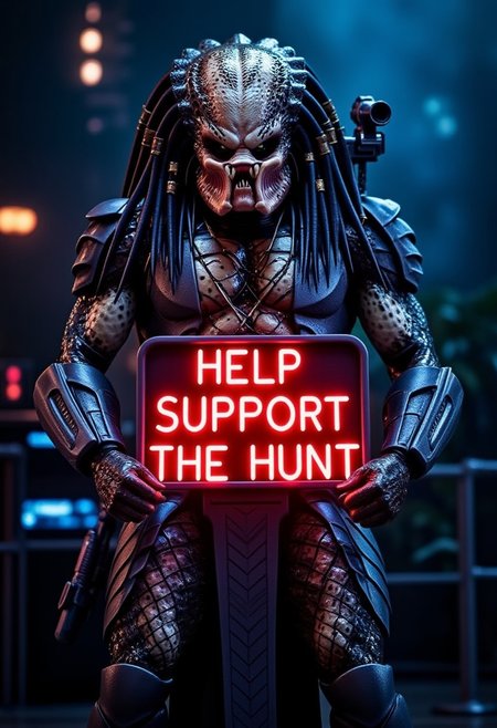 Create a vivid depiction of a towering alien predator, its skin a textured mix of scales and bioluminescent patterns, holding a glowing neon sign that reads "Help Support the Hunt." Set this scene against a dark, dystopian cityscape bathed in eerie, flickering lights. The predator stands in a menacing three-quarter angle, with shadows casting an ominous aura. Capture the contrast of the neon sign's vibrant colors against the alien's formidable presence, evoking a sense of unease and dark humor.