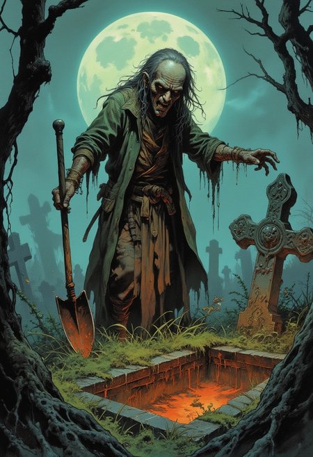 Comic book style 8k high quality digital painting , masterpiece, very detailed, ultra realistic, (best quality) very detailed epic masterpiece, a zombie-like very old man is standing on a churchyard in front of a freshly opened grave, insane facial expression, stringy muddy long hair, pale face, sunken cheeks, opened mouth, lank body, ragged outfit, ragged coat, a shovel in his hand, cemetary with an opened grave, old neglected headstones, high grass, gnarled tree in the background, foggy, full moon, dramatic sky, scary scene, action, scary, best quality, epic scene,  Dungeons and dragons atmosphere, heroic fantasy, fna_style, Comic book style
