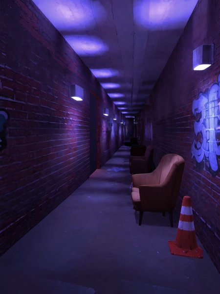 score_9, score_8_up, score_7_up, score_6_up,
BREAK
purpledotnightclub, brick wall, concrete floor, concrete ceiling, indoors, scenery, no humans, urban, architecture, wall lamp, couch, chair, pink light, glowing, hallway, corner, door, poster \(object\), graffiti, traffic cone, pillar <lora:PurpleDotNightclub_Background:1>