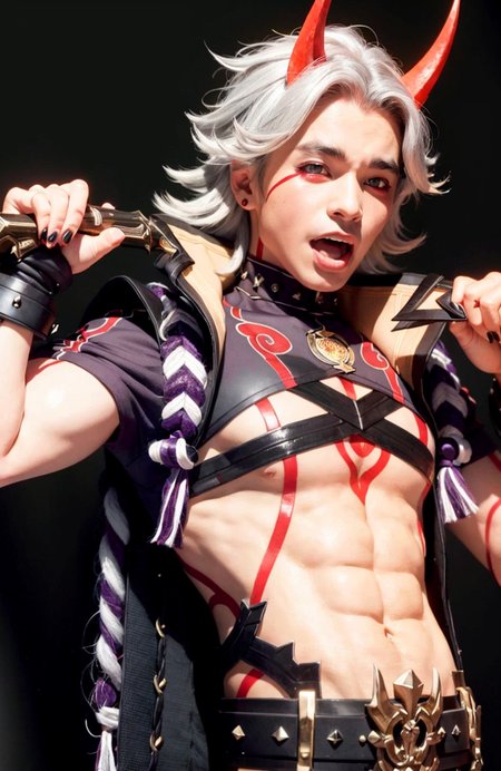 masterpiece, best quality,1boy, male focus, horns, arataki itto, long hair, solo, black nails, simple background, open mouth, red eyes, red horns, grey background, spikes