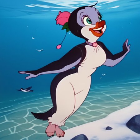 score_9, score_8_up, score_7_up, BREAK,  1girl, female penguin, green eyes, under the sea, swimming, bird, hairy, full body, smiling,