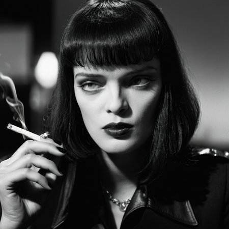 cinematic film still of cinematic film still of  <lora:Pulp Fiction style:1>
Mia Wallace a woman smoking a cigarette in a room,1girl,solo,long hair,bangs,black hair,long sleeves,jewelry,jacket,upper body,earrings,blunt bangs,nail polish,coat,ring,black nails,realistic , 1990's, 90's, film, cinematic, crime and violence, classic, graphic violence, Kodak film, motion picture image,Pulp Fiction style, Pulp Fiction Film style, shallow depth of field, vignette, highly detailed, high budget, bokeh, cinemascope, moody, epic, gorgeous, film grain, grainy, shallow depth of field, vignette, highly detailed, high budget, bokeh, cinemascope, moody, epic, gorgeous, film grain, grainy