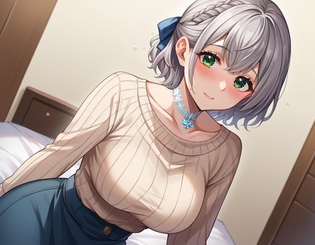 score_9, score_8_up, score_7_up, source_anime,
noelshirogane, <lora:noel-shirogane-ponyxl-lora-nochekaiser:1>,
shirogane noel, braid, french braid, green eyes, grey hair, hair ribbon, ribbon, short hair, snowflake choker, wavy hair, mole, mole on breast, mature female,
casual, collarbone, high-waist skirt, official alternate costume, official alternate hairstyle, sweater,
indoors, bed, bed room, on side, blush, drunk,
looking at viewer, cowboy shot, dutch angle,
