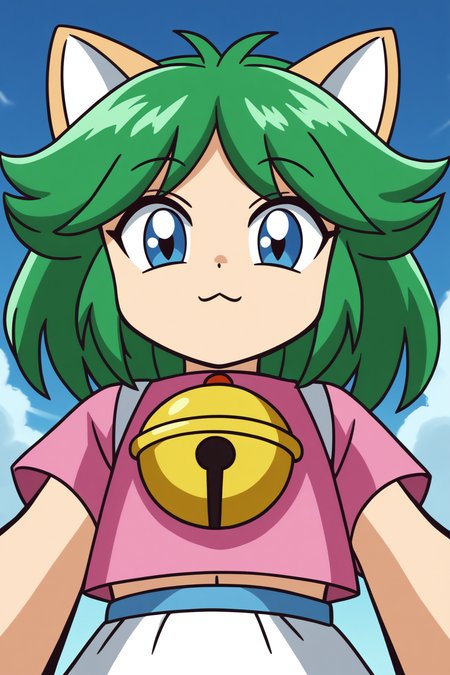 rating_safe, perspective, looking at viewer, leia_the_cat, anime screencap, green hair, upper body <lora:Game_Tengoku-Leia_the_cat-PDXL:0.8>