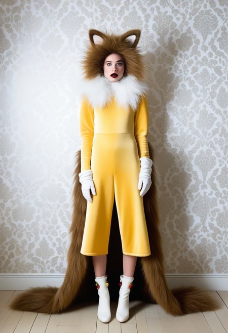 furry female, solo, full body, furry face, cute face, Avant-Garde wearing, Outlandish fashion, Extravagant wearing, Eclectic fashion, Unconventional, Theatrical, Eccentric, Experimental, Statement Piece, Whimsical,plushy, cute, from front, masterpiece,best quality,very aesthetic, absurdres, sfw, long shot, indoor, white wallpaper, 
masterpiece,best quality,very aesthetic, absurdres, newest,