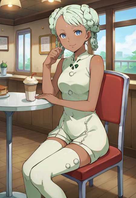 score_9,score_8_up,score_7_up,anime coloring BREAK source_anime,anime,<lora:Raraiya_Monday:0.8>,raraiya,1girl,solo,dark skin,dark-skinned female,blue eyes,forehead mark,green hair,twin braids,double bun,outfit1,thigh boots,smile,sitting,indoors,cafe,chair,looking at viewer,