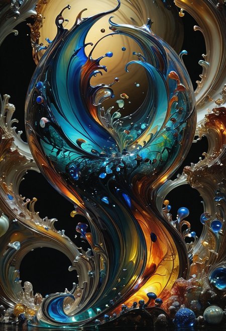  made out of,colorful,liquid,Murano Art glass,
In the crushing depths, where sunlight dares not reach, an abyssal structure, its bioluminescent lure a pulsating orb of blown glass, its body a tapestry of obsidian shards reflecting the faintest glimmer of unseen creatures, waits patiently for its prey.