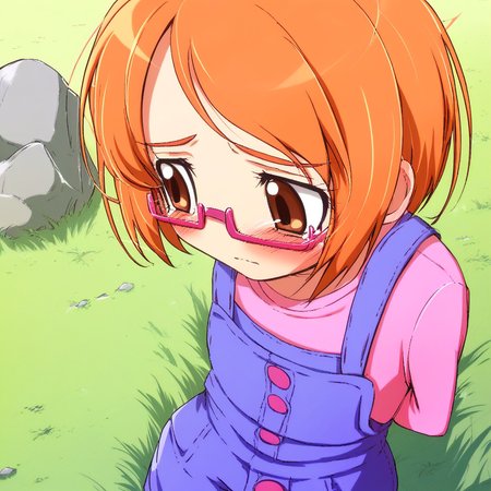 score_9, solo, ako_s, glasses, short hair, orange hair, brown eyes, overalls, pink-framed eyewear, shy, blush, hands behind back, grass, rocks, natural lighting