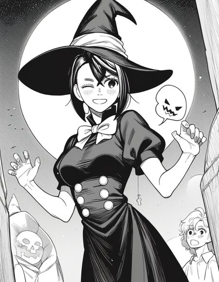 score_9, score_8_up, score_7_up, source_anime, <lora:momo-ayase-manga-ponyxl-lora-nochekaiser:1>, momo ayase, short hair, bangs, thick eyebrows, monochrome, greyscale, medium breasts,, <lora:witch-ponyxl-lora-nochekaiser:1>, witch, hat, witch hat, dress, halloween, halloween costume, jewelry,, night, moon, blush, smile, one eye closed,, , dutch angle, cowboy shot