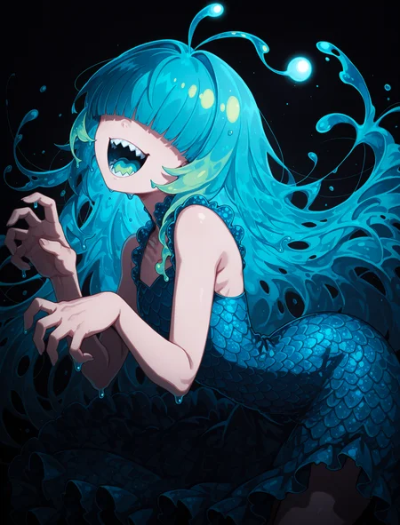 masterpiece, best quality, very absurdres, s0wasow4rt_illu, 3y3s_illu, [halftone], 
1girl, aged up,  monster girl, anglerfish girl, blue hair, dripping, hair over eyes, blunt bangs, (blue|green) hair, turquoise tongue, cowboy shot, sharp teeth, [\:o:grin:0.5], too many teeth, sequin dress, scale dress, sleeveless shirt,  flat chest, ghost pose, slimy fingers, glowing antenna, (grey skin:0.4)
from side, dynamic angle, slightly leaning forward, black background, dark, chiaroscuro, cinematic lighting,
 <lora:sowasowart_style:1> <lora:3Y3S_style:0.45>