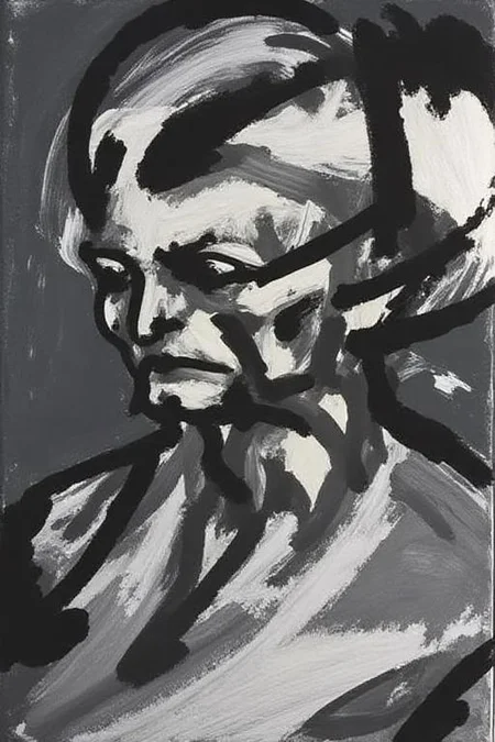 fraauer1 abstract painting. a monochromatic, abstract painting created with thick, bold brush strokes in shades of black and white on a dark gray background. The artwork features a stylized, simplified depiction of a human face, rendered with an expressive, almost surrealistic approach. The subject's face is abstracted, with exaggerated features and an emphasis on the emotional intensity of the expression. <lora:fraauer1_cap_d6a3:1.0><lora:811766913924535897:0>