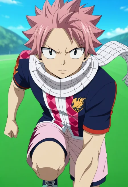 masterpiece, best quality, , anime screencap, , , looking at viewer, 1boy, solo, male focus, <lora:natsu_dragneel_ilxl:0.9>, natsu_dragneel, pink hair, black eyes, spiked hair, white scarf, , Running shorts, Argyle Rugby shirt, , ,