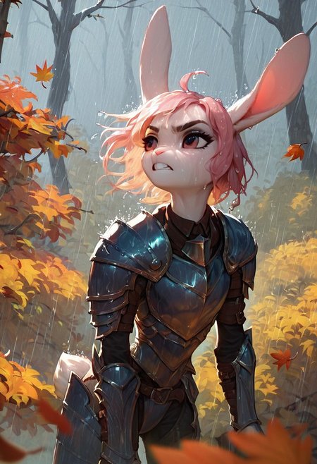 score_9, score_8_up, score_7_up, score_6_up, score_5_up, (flat colored: 1.2), fluffy body, (2d style:0.8), solo, anthro rabbit female, light fur, skinny, light hair, focus on face,  armor, autumn, falling leaves, storm, wet, rain, angry, forest, scream