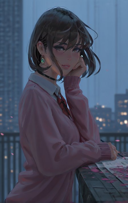(newest, recent,:1.3), (guweiz, wlop, pluvium grandis), realistic, year_2024, year_2023, year_2022, year_2021,
absurdres, highres, best quality, masterpiece, very aesthetic, dandadan, ayase momo, 1girl, black choker, blue sky, bow, bowtie, brown eyes, brown hair, choker, collared shirt, dress shirt, earrings, elbow rest, hair between eyes, hand on own cheek, hand on own face, head rest, jewelry, light blush, light particles, long sleeves, looking at viewer, loose bowtie, medium hair, parted lips, pencil, petals, pink petals, pink sweater, red bow, red bowtie, school uniform, shirt, sleeves past wrists, smile, solo, sweater, upper body, white shirt, blurry, blurry background, city, city lights, leaning back, railing, rain,  <lora:Artist_style_Void_0:0.7>,  <lora:MomoAyase-IL-v1:0.7>