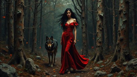 <lora:flux-collagestyle.safetensors:1> darkfantasycollagestyle
In the heart of a shadow-drenched forest, a woman stands with an ethereal presence, her long, raven-black hair cascading like a waterfall of night over her shoulders. Her eyes, a piercing crimson, gleam with a fierce intensity that cuts through the dim, earthy tones of her surroundings. Her skin, pale and smooth, contrasts sharply with the rough bark of the ancient trees and the weathered stones scattered about.
Draped in an off-shoulder red dress, her attire is a striking contrast to the forest's muted palette of browns, grays, and olive greens. The fabric, a mix of smooth silk and worn, textured leather, clings to her form, highlighting her graceful curves and adding a layer of depth to her mystique.
Beside her, a wolf stands, its gaze as fierce and unyielding as hers. The wolf's coat, a mixture of dark and light fur, catches the occasional glint of light, creating a play of shadows that adds to the scene's gritty, noir-inspired atmosphere. The wolf's eyes, a deep, haunting amber, seem to echo the woman's determination and spirit.
The forest itself is a tapestry of contrast: polished, metallic elements embedded in the trunks of trees and the ground, juxtaposed against the organic, weathered textures of the forest floor. Scattered debris, scuff marks, and signs of disarray create a lived-in feel, hinting at a world both futuristic and deeply rooted in nature.
Dramatic, low-key lighting casts deep shadows around them, emphasizing the contours of their forms and the intricate details of their surroundings. The occasional bright accent, like the red of her dress and the wolf's eyes, draws the eye and adds a touch of drama to the scene. This digital artwork is a masterful blend of realism and fantasy, evoking a dystopian yet introspective mood that lingers long after the first glance.
