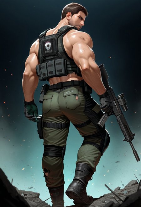 1boy, solo, chris redfield, mature male, torn combat vest, no shirt, green knee pads, torn green pants, gloves, black boots, tactical gear, rifle in right hand, looking back at viewer,

from behind,

,masterpiece,best quality,amazing quality,