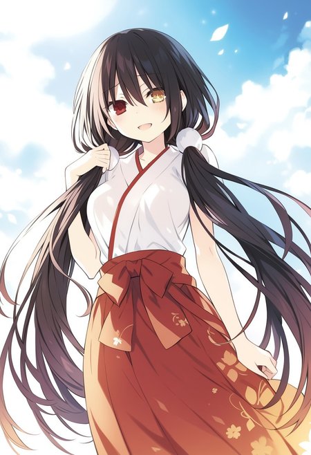 8k, highres,novel illustration,best quality, masterpiece, highly detailed,1girl,solo,date a live,tsunako,tokisaki kurumi,long hair,black hair,twintails,low twintails, heterochromia,clock eyes,symbol-shaped pupils,yellow left eye, red right eye, breasts,medium breasts, floating_hair, 
jyojifuku, miko, red hakama,
smile, open mouth, standing,  looking at viewer, outdoors,