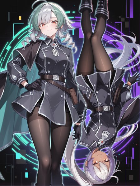 2girls,black background,silver medal,black military uniform,glitch,black gloves,black boots,black pantyhose,looking at viewer,smile,hand on hip,closed mouth,sidelocks,sky striker ace - camellia,right side cape,sky striker ace - azalea,left side cape,upside-down,dark-skinned female,purple neon trim,green neon trim,
masterpiece,best quality,amazing quality,very aesthetic,absurdres,newest,<lora:sky striker ace - camellia and azalea illusXL v2:0.7>,