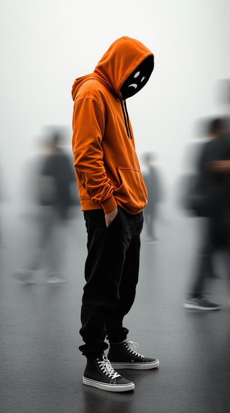 photography, snap shot, dark and moody bored face emoji figure, side standing, full-body, surrounded by a blurred motion, wearing orange color hoody and black jogger pants, Vans high-top sneakers, Sony α9, minimalistic open space with soft, contrasting with the transient figures around the focal figure, rich details