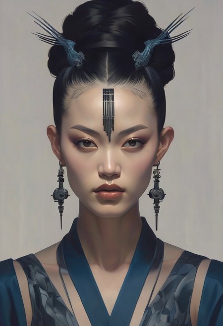 (highly detailed, hyper realistic, cinematic, dramatic style, 8K, masterpiece) This is a digital portrait of a Chinese woman with sharp features and a sleek, high bun secured by matte black spikes. She wears a modernized kimono with asymmetric cuts, layered in carbon black and reflective obsidian gray fabrics, trimmed in metallic threads resembling circuitry. Her skin is pale, her eyes deep violet with sharp black liner and smudged charcoal shadow extending to her temples. Her lips are matte black. Her earrings are vertical plastic barcode tags clipped to steel loops. Across her face are glowing, angular cyan tattoos arranged in symmetrical parametric patterns from below her eyes to her chin. Her horns are gunmetal, segmented, etched with small serial numbers, rising back from her temples. The background is a deep, gradient slate-blue embedded with soft, parametric optical illusion grids that pulse faintly. The composition fuses post-apocalyptic fashion with cybernetic elegance, combining digital precision with cultural futurism.