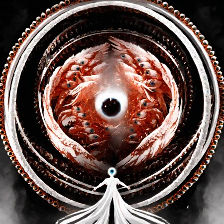 leogirl, seraphins, mystical creature with hundreds of eyes and wings, with the shape of a giant ring, circular hoops around body, massive size, angelical lights <lora:Seraphins1.0-000038:0.8>