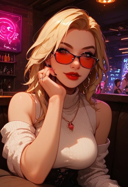 score_9,score_8_up,score_7_up,score_6_up,score_5_up, best_quality, ultra-detailed, masterpiece, close up, 
1girl, jewelry, glasses, earrings, corset, looking at viewer, red nails, ring, bare shoulders, red lips, tinted eyewear, ribbed sweater, sleeveless sweater, turtleneck, black nails, black skirt,
Break
In a night club, sitting at the bar, looking from across the counter, neon lights, dark interior, neon glow,